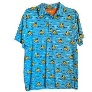 Birdie Bound Polo Shirt Men Size M Blue Duck Print Golf Stretch Athleisure